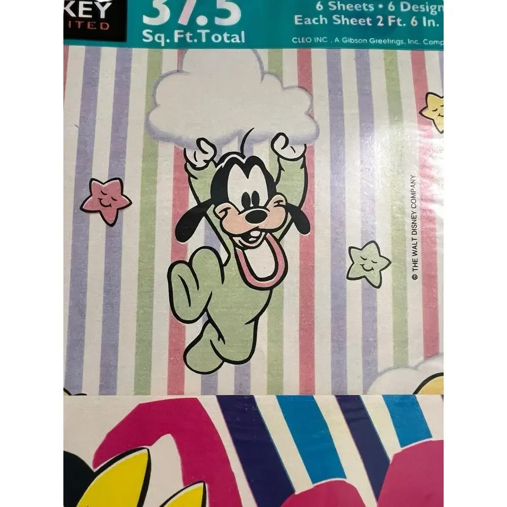 CLEO 80s Disney Mickey Mouse Minnie Goofy Wrapping Paper Flat 6 Sheets 37.5 Sq F